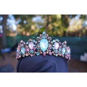 Aqua blue Crystal Pink Tiara Vintage bronze Crown Birthday Wedding Gift Diadem
